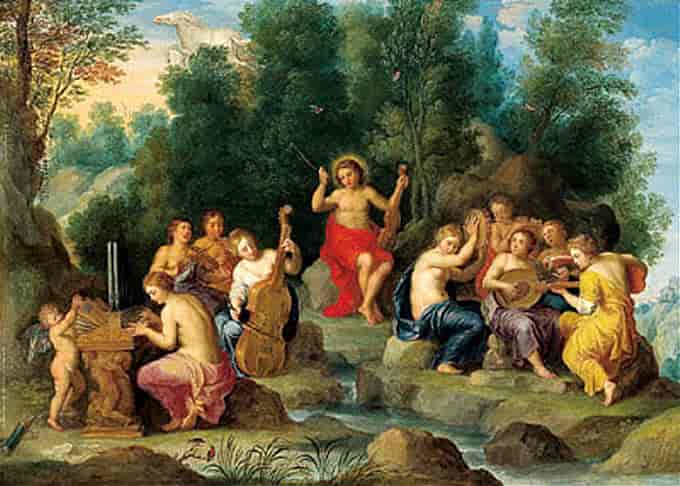 Apollon og de ni musene på fjellet Helikon ved kilden Hippokrene