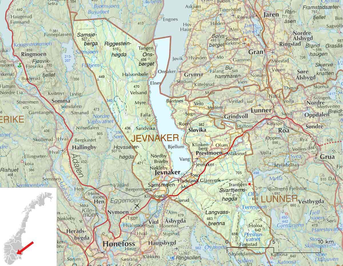 Kart over Jevnaker kommune