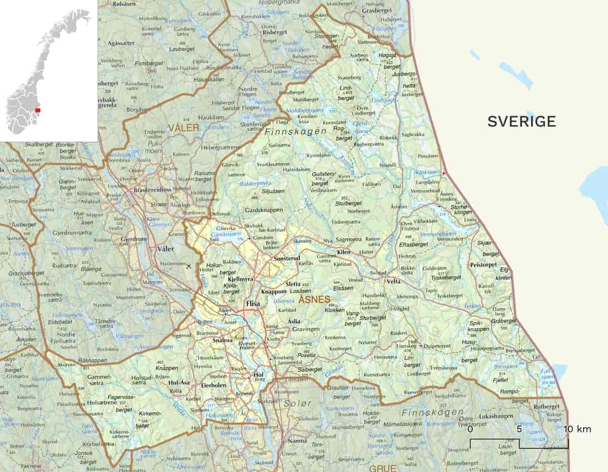 Kart over Åsnes kommune