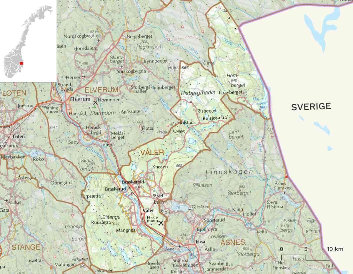 Kart over Våler kommune (Innlandet)