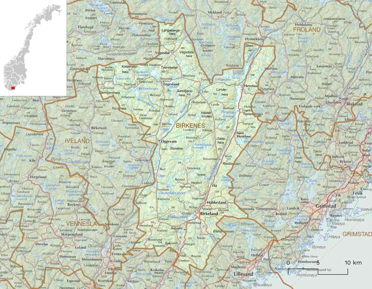 Kart over Birkenes kommune