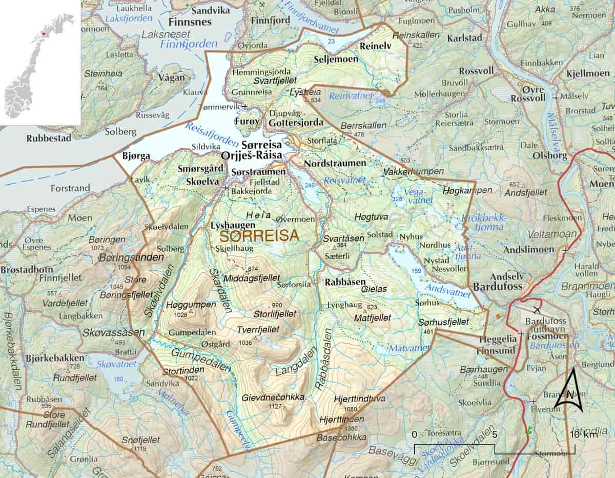 Kart over Sørreisa kommune