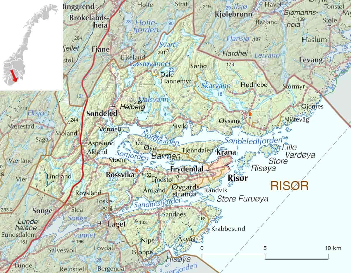 Kart over Risør kommune