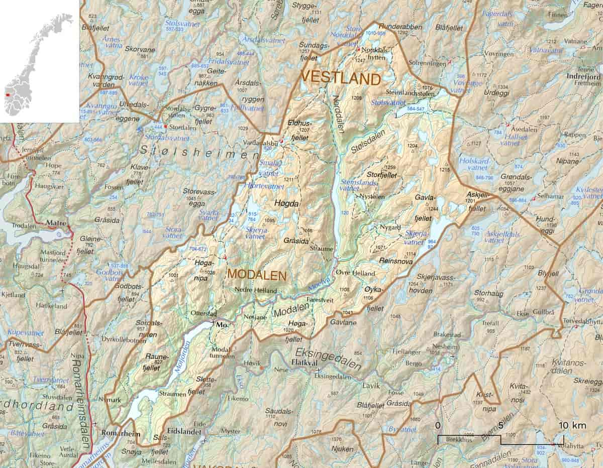 Kart over Modalen kommune