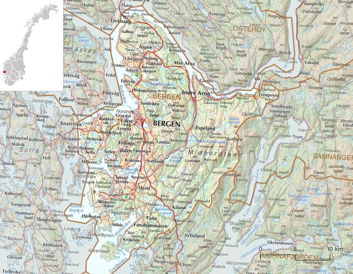 Kart over Bergen kommune