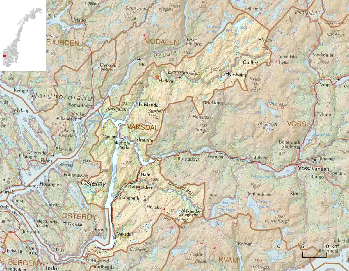 Kart over Vaksdal kommune