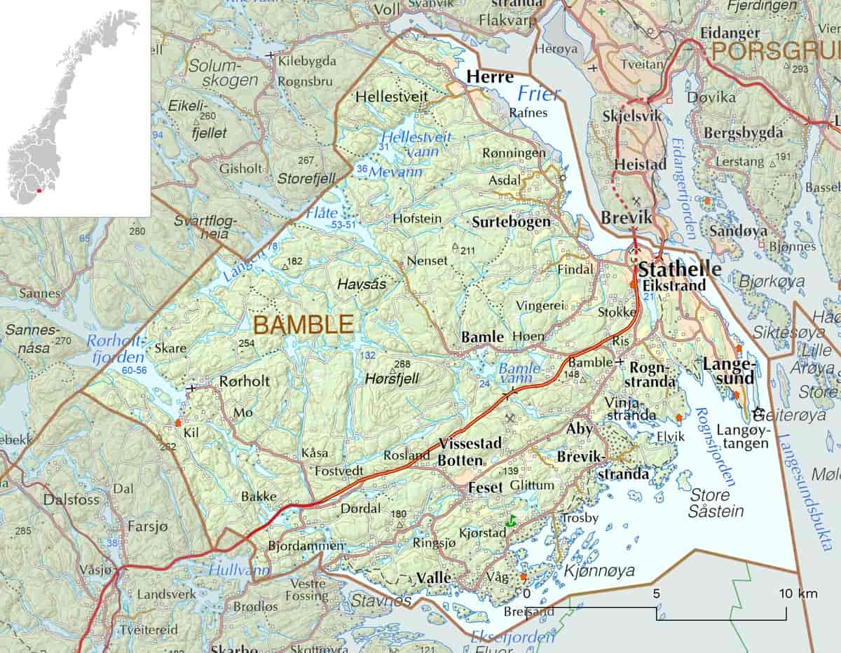 Kart over Bamble kommune