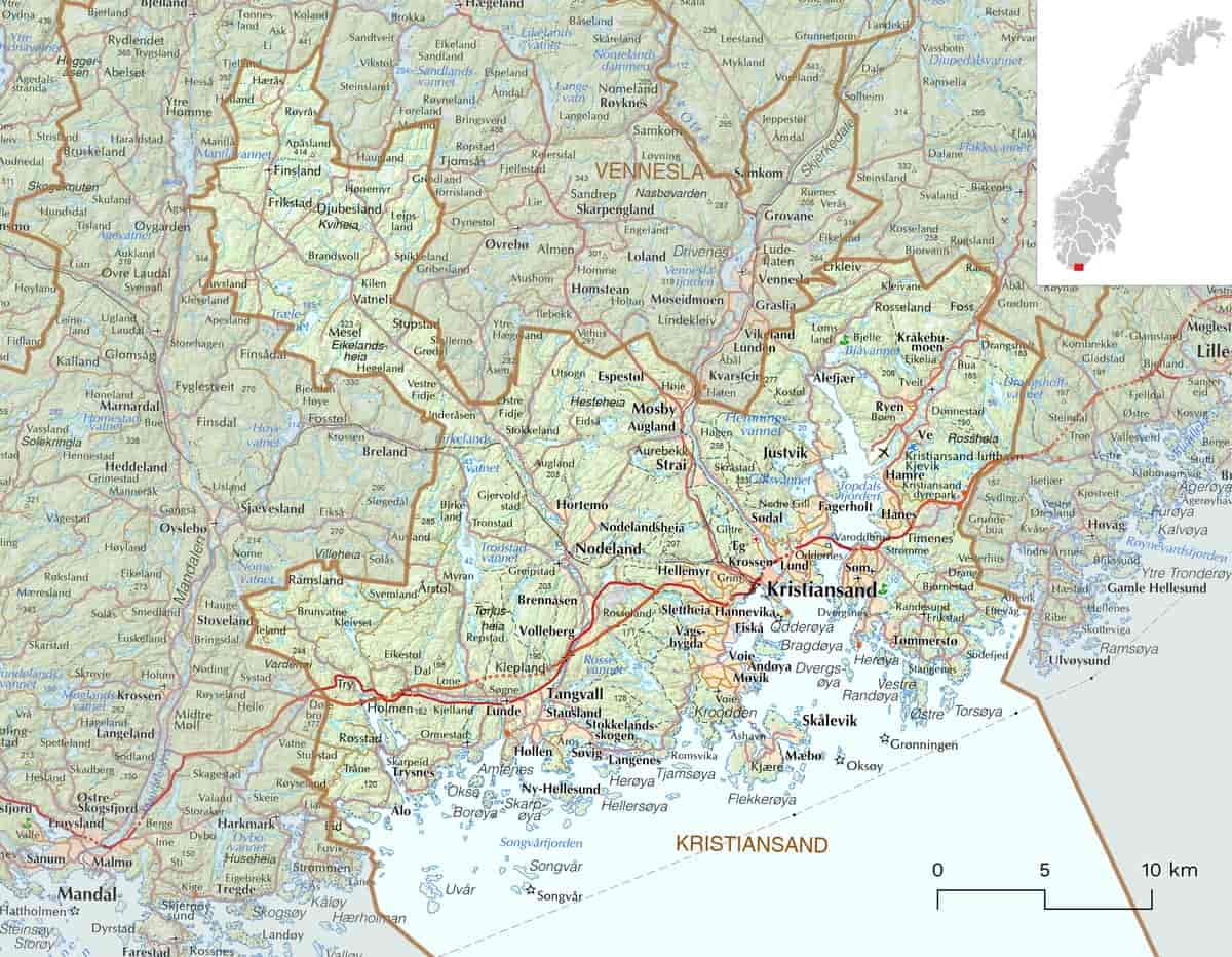 Kart over Kristiansand kommune