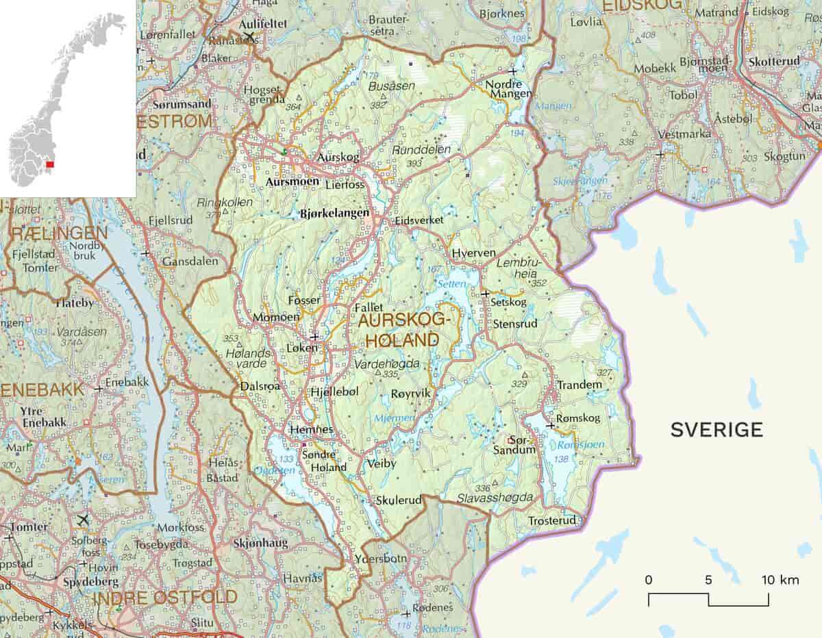 Kart over Aurskog-Høland kommune