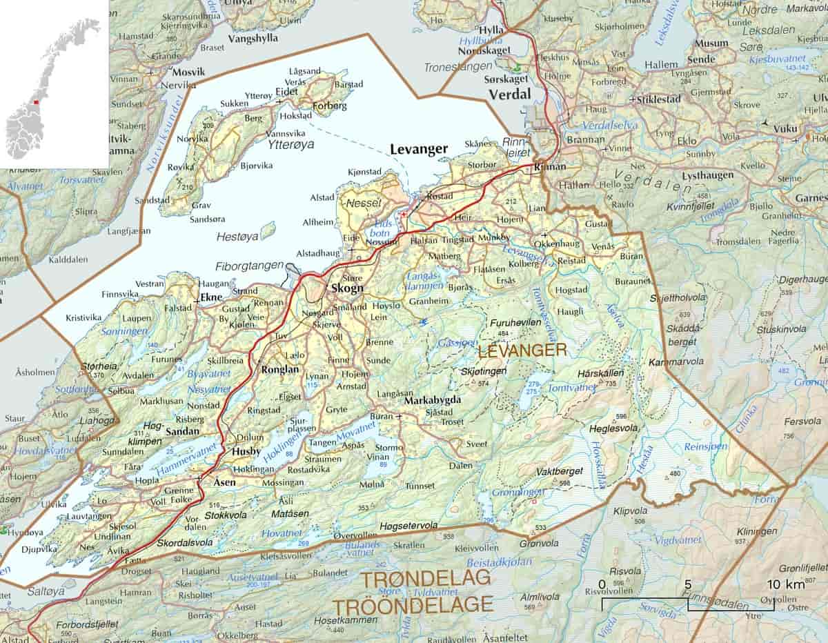 Kart over Levanger kommune