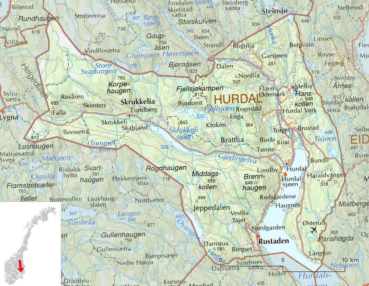 Kart over Hurdal kommune