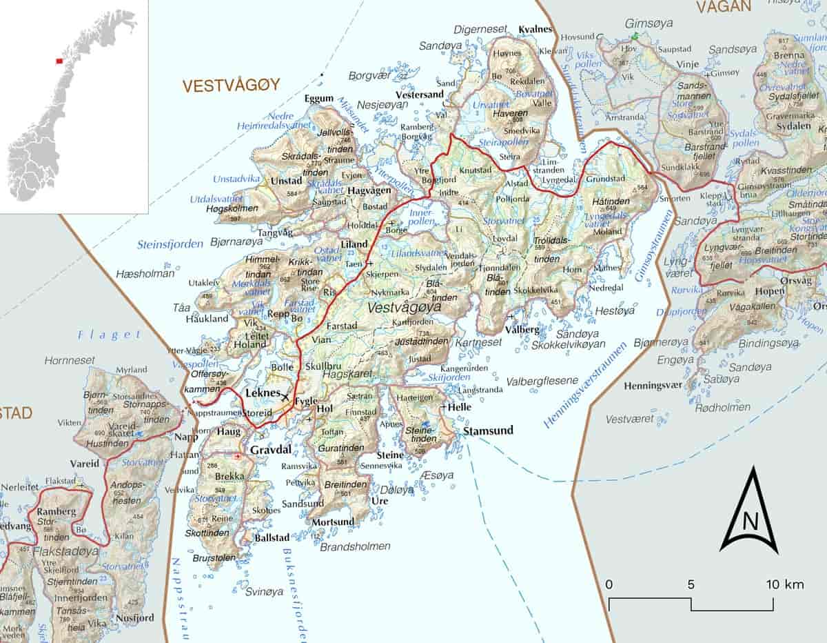 Kart over Vestvågøy kommune