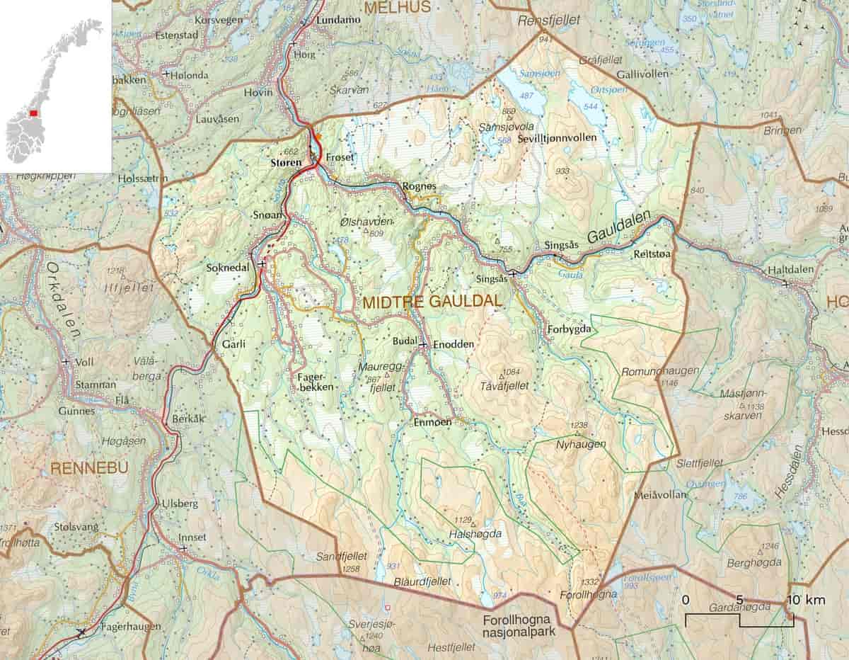 Kart over Midtre Gauldal kommune