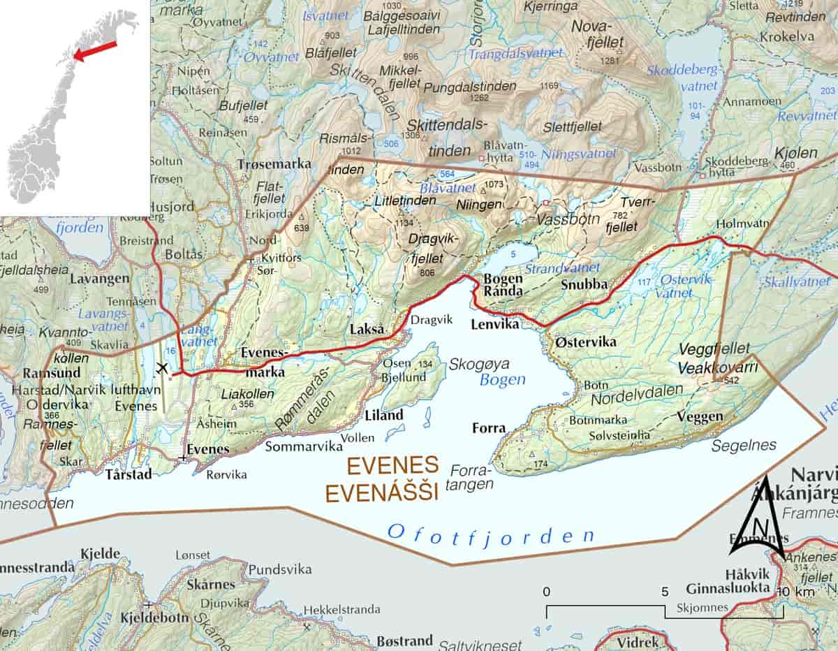 Kart over Evenes kommune