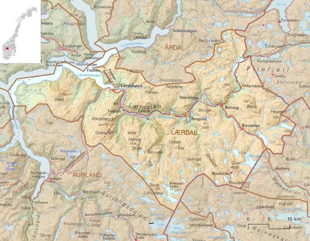 Kart over Lærdal kommune