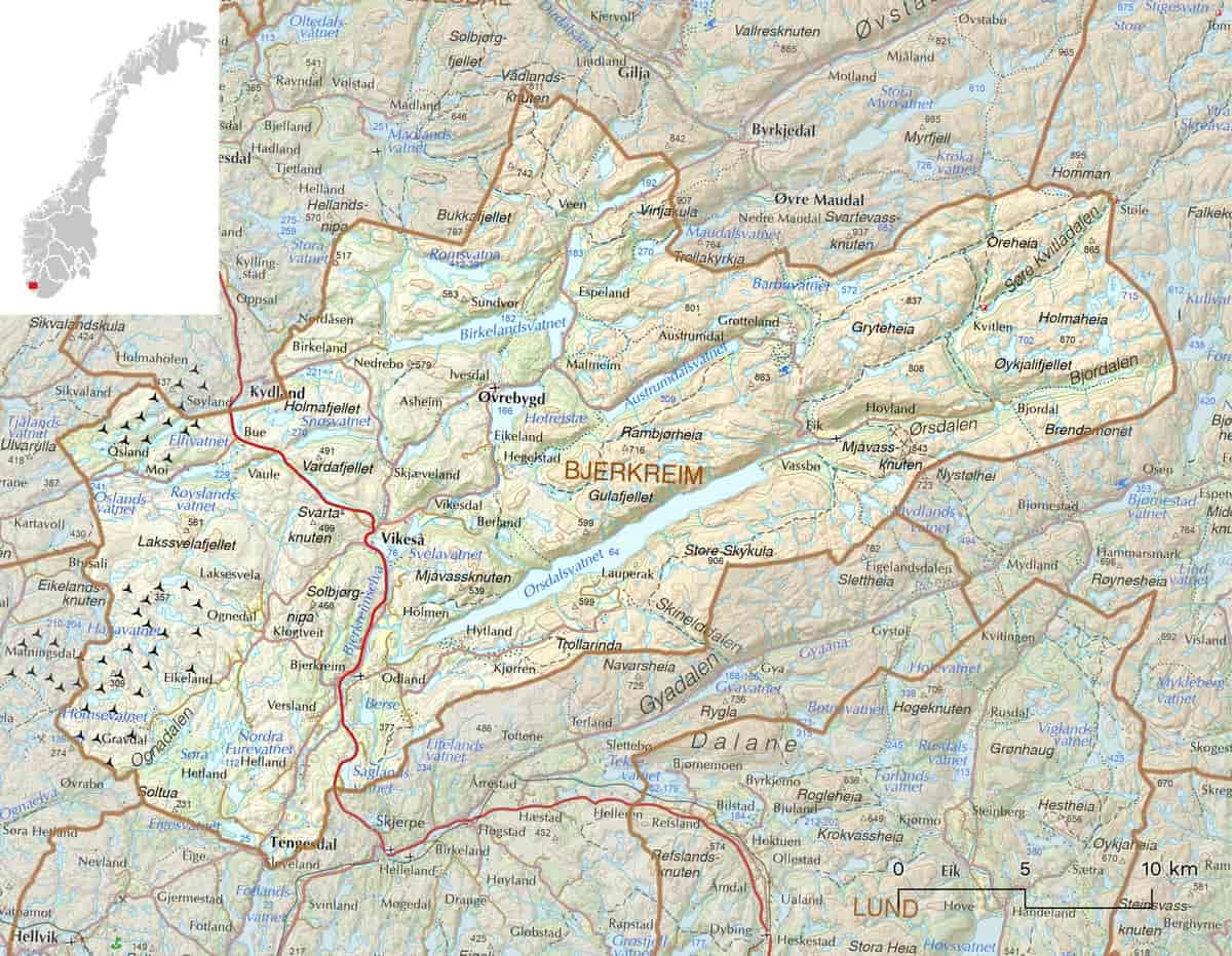 Kart over Bjerkreim kommune