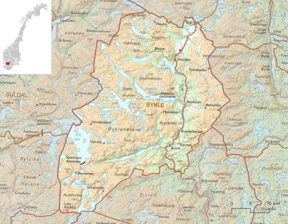 Kart over Bykle kommune
