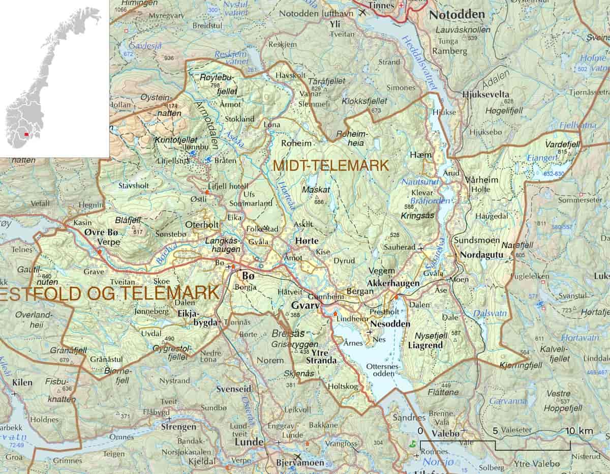 Kart over Midt-Telemark kommune