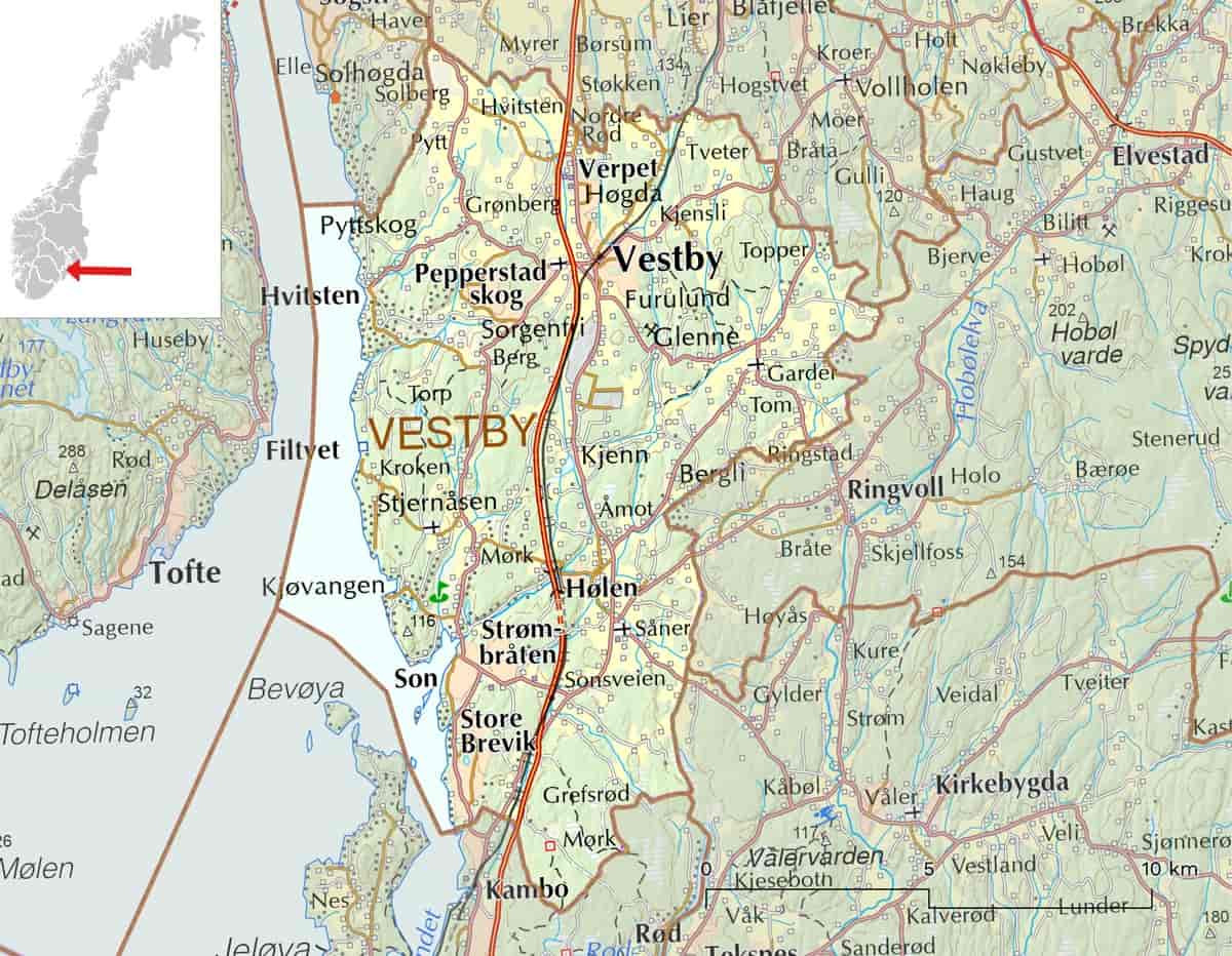 Kart over Vestby kommune