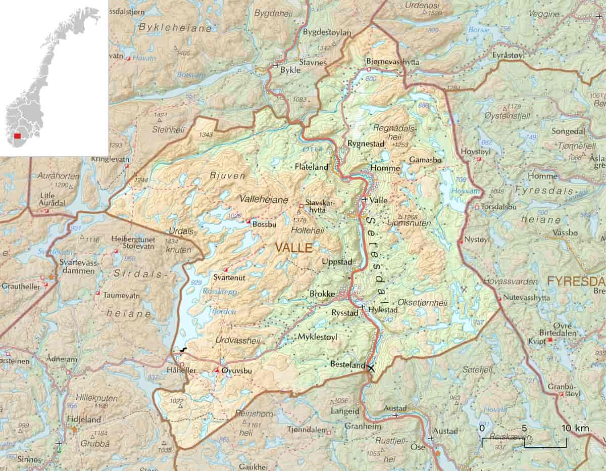Kart over Valle kommune