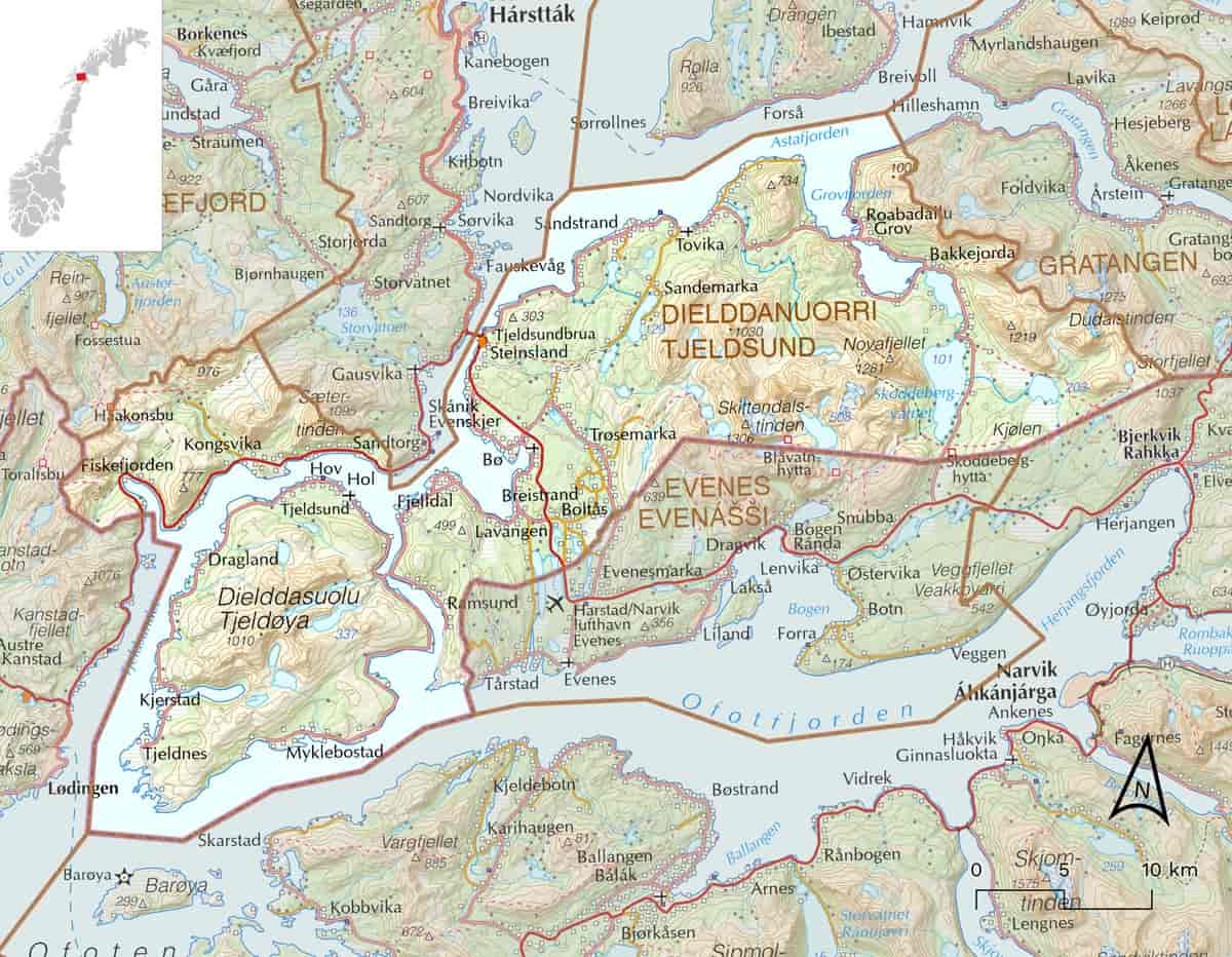 Kart over Tjeldsund kommune