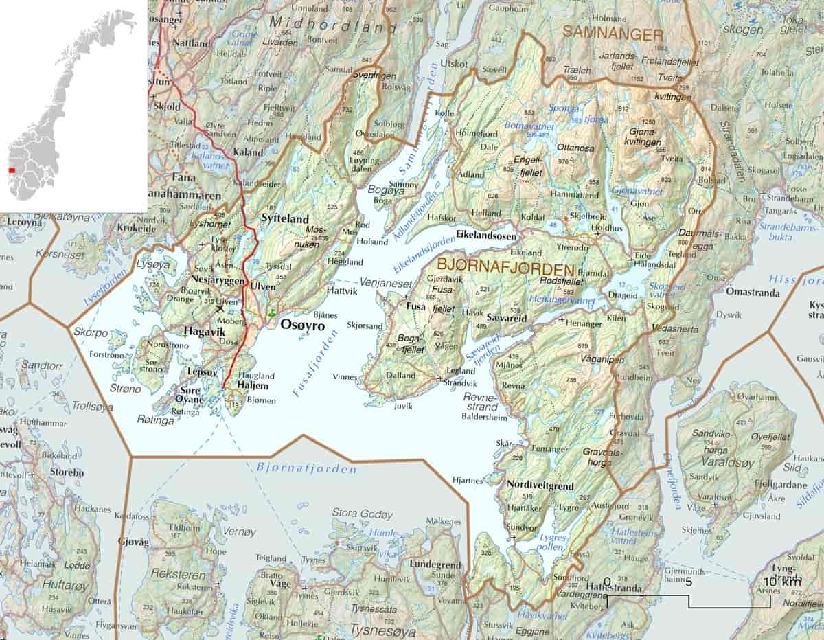 Kart over Bjørnafjorden kommune