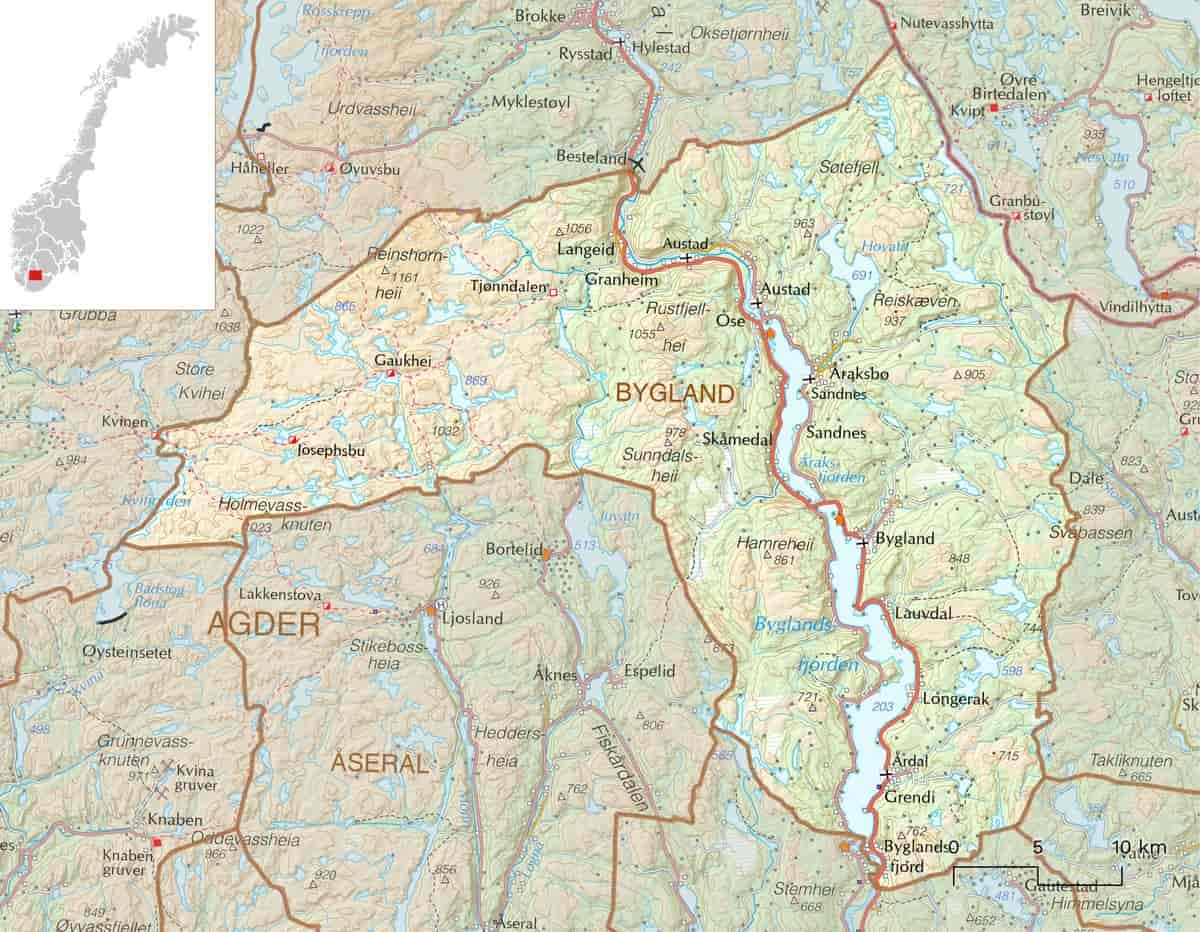 Kart over Bygland kommune