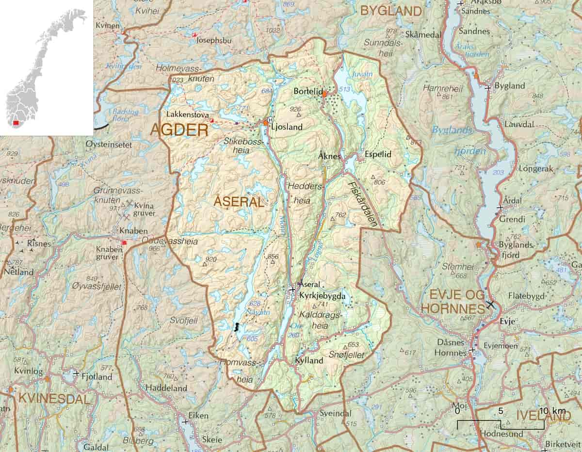 Kart over Åseral kommune