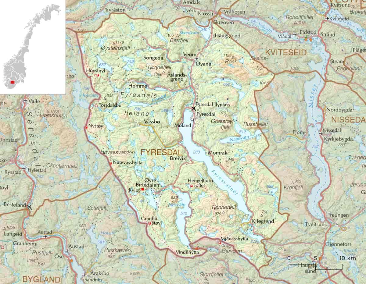 Kart over Fyresdal kommune