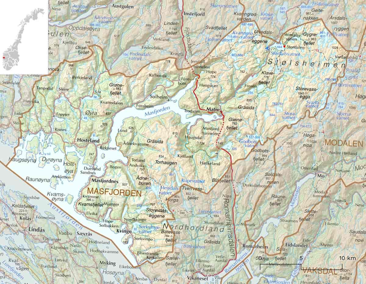 Kart over Masfjorden kommune