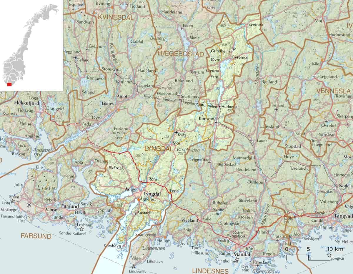 Kart over Lyngdal kommune