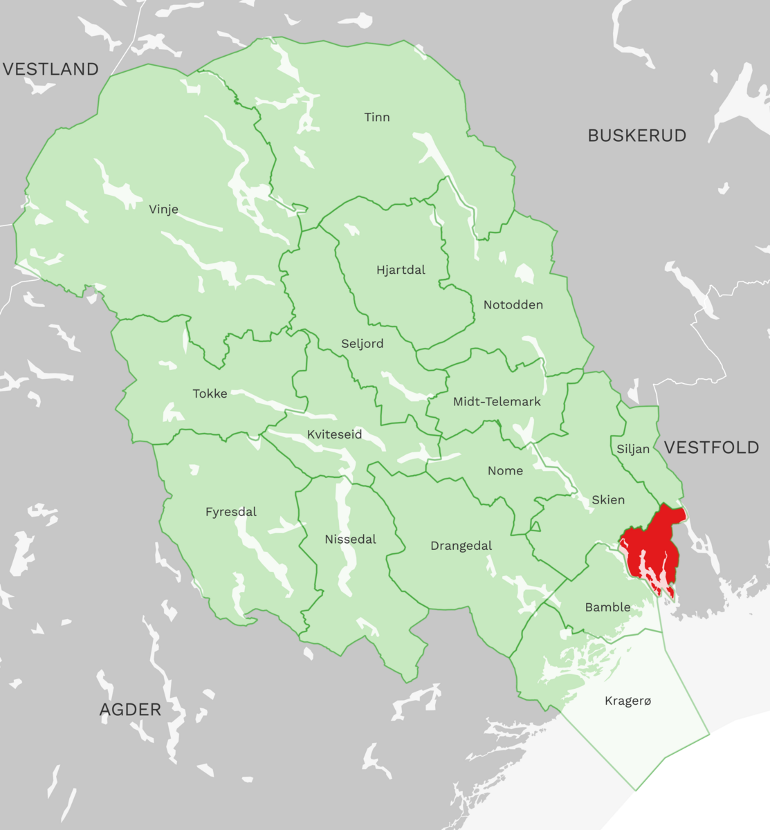 Kart: Porsgrunn kommune i Telemark