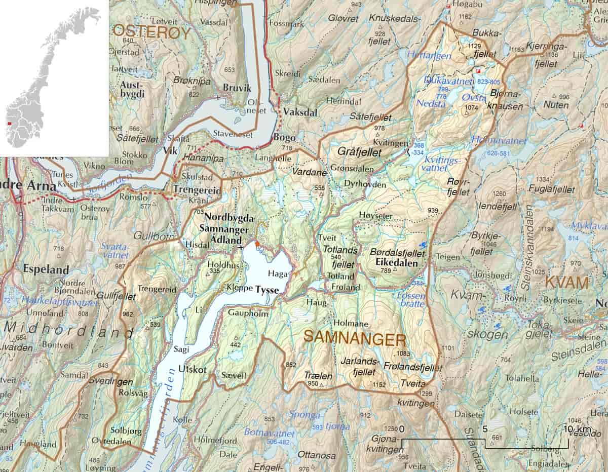 Kart over Samnanger kommune