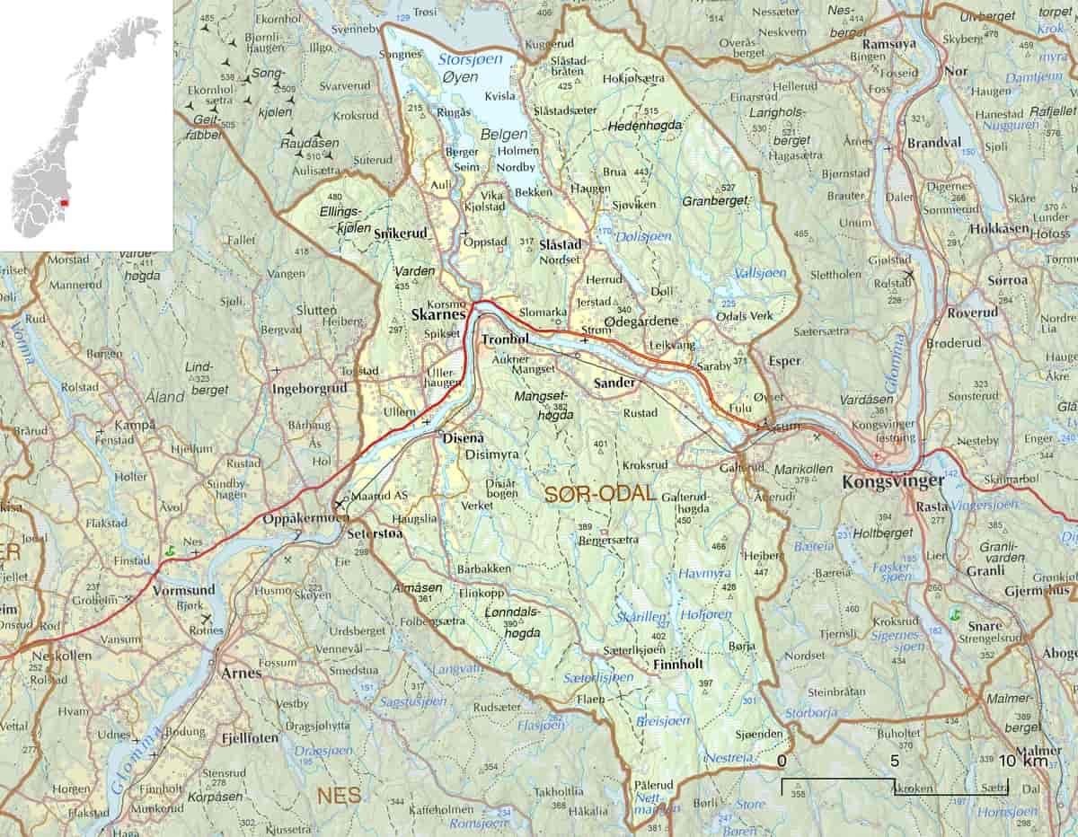Kart over Sør-Odal kommune