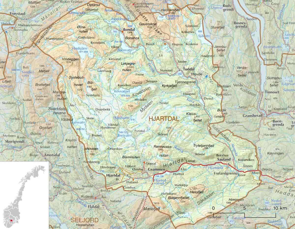 Kart over Hjartdal kommune