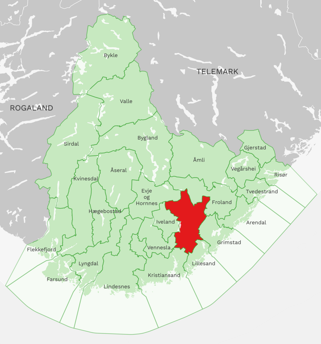 Kart: Birkenes kommune i Agder