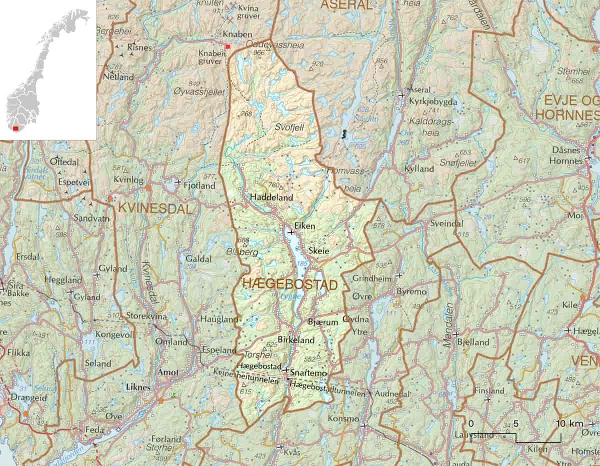 Kart over Hægebostad kommune