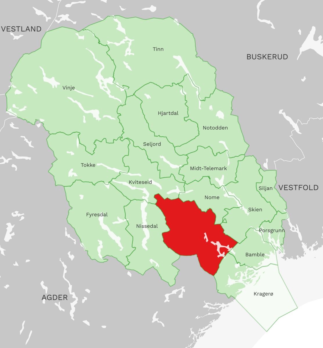 Kart: Drangedal kommune i Telemark