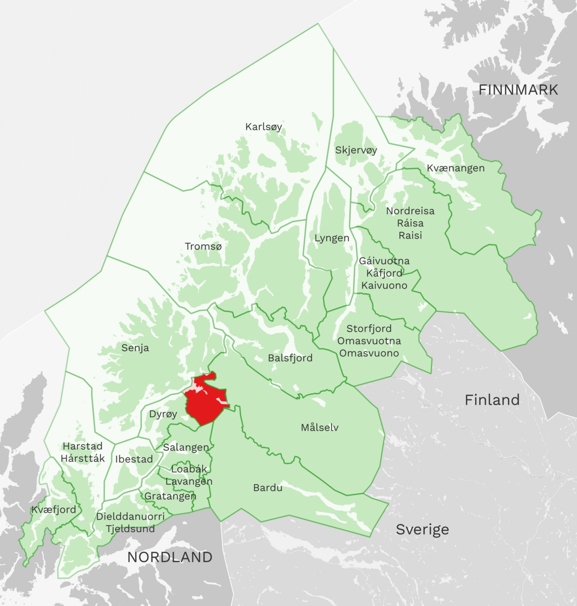 Kart: Sørreisa kommune i Troms