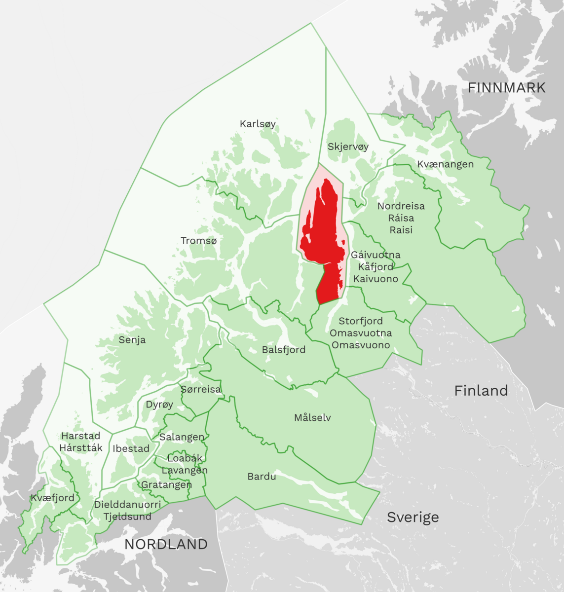 Kart: Lyngen kommune i Troms