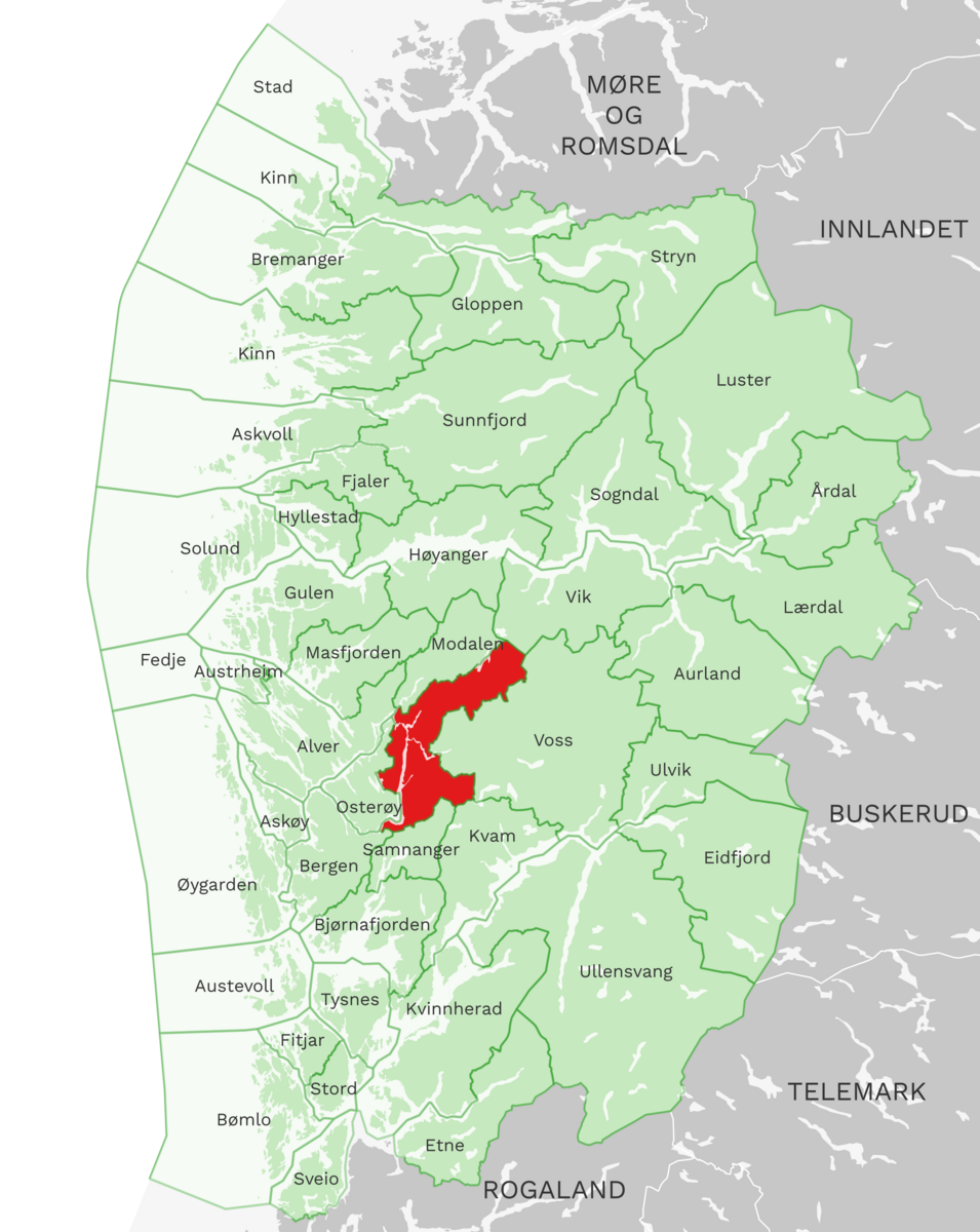 Kart: Vaksdal kommune i Vestland