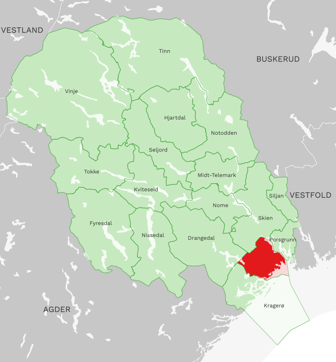 Kart: Bamble kommune i Telemark