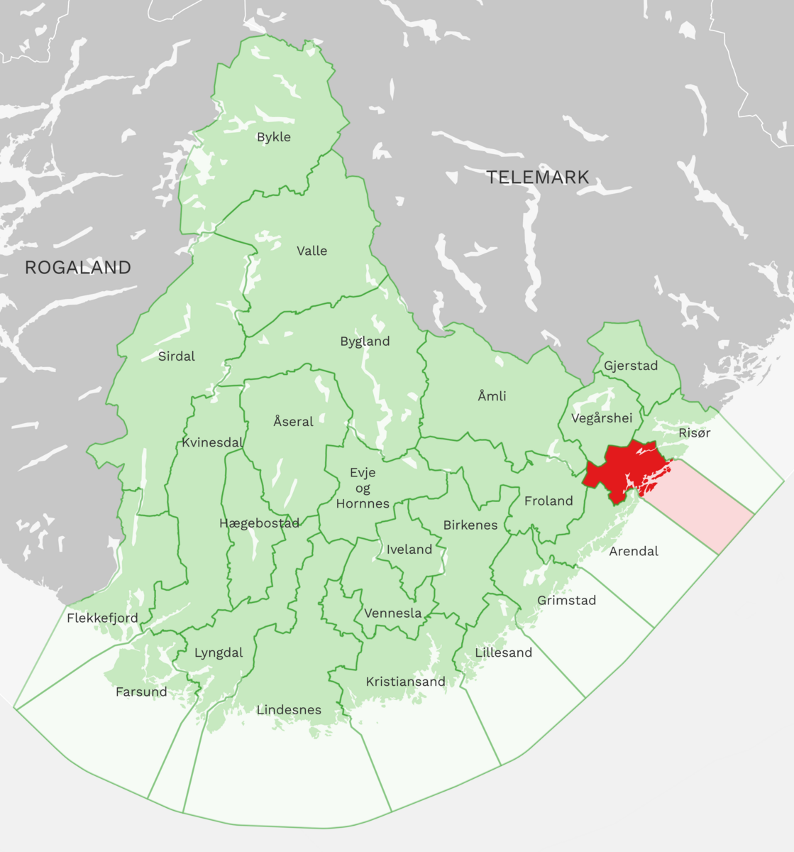 Kart: Tvedestrand kommune i Agder