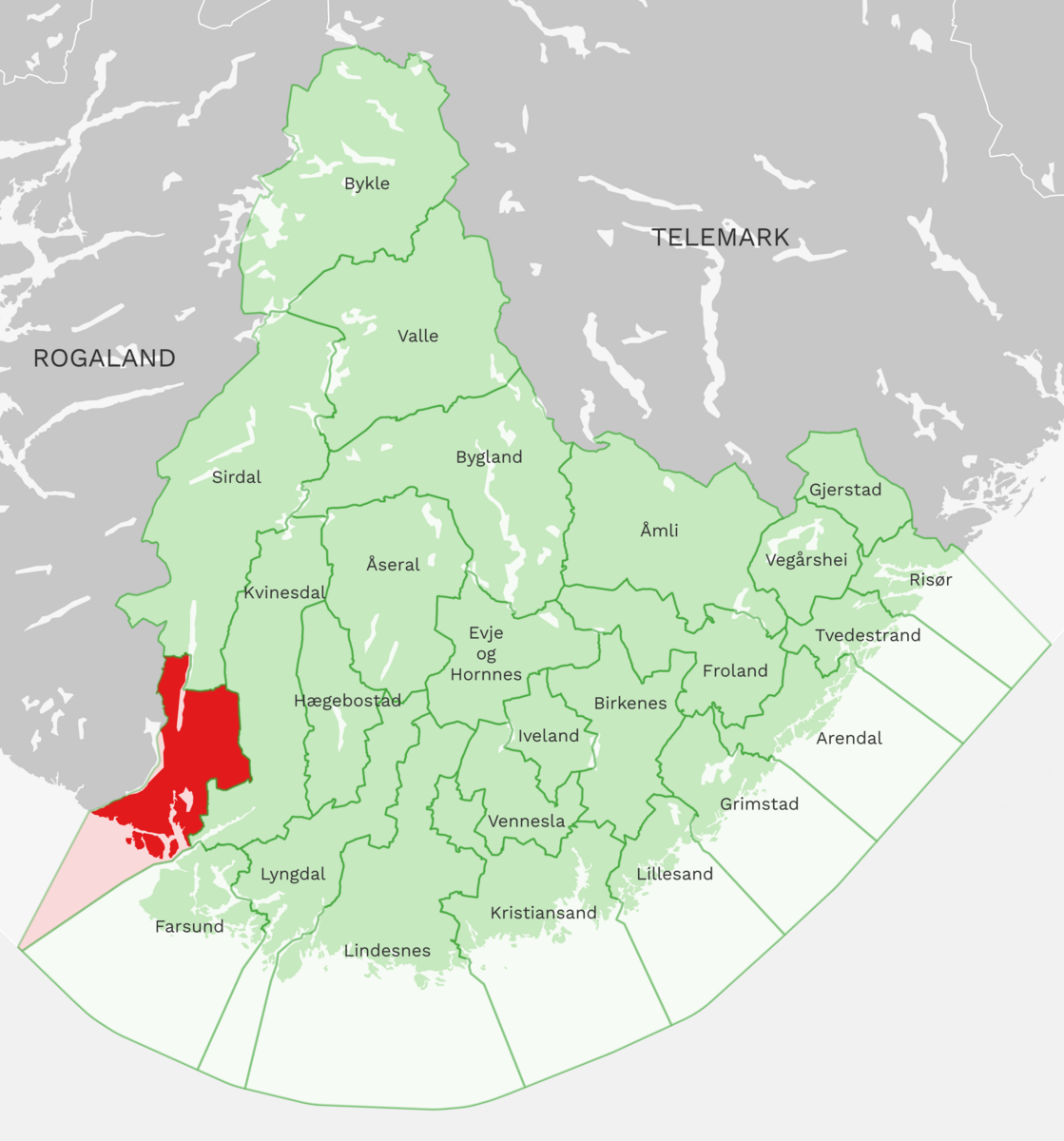 Kart: Flekkefjord kommune i Agder