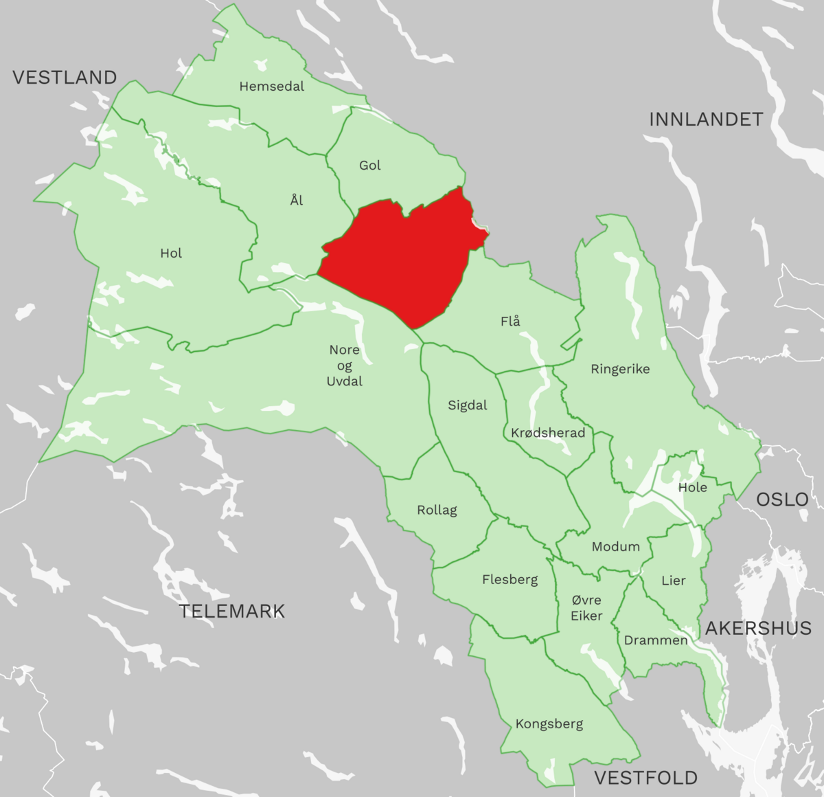 Kart: Nesbyen kommune i Buskerud