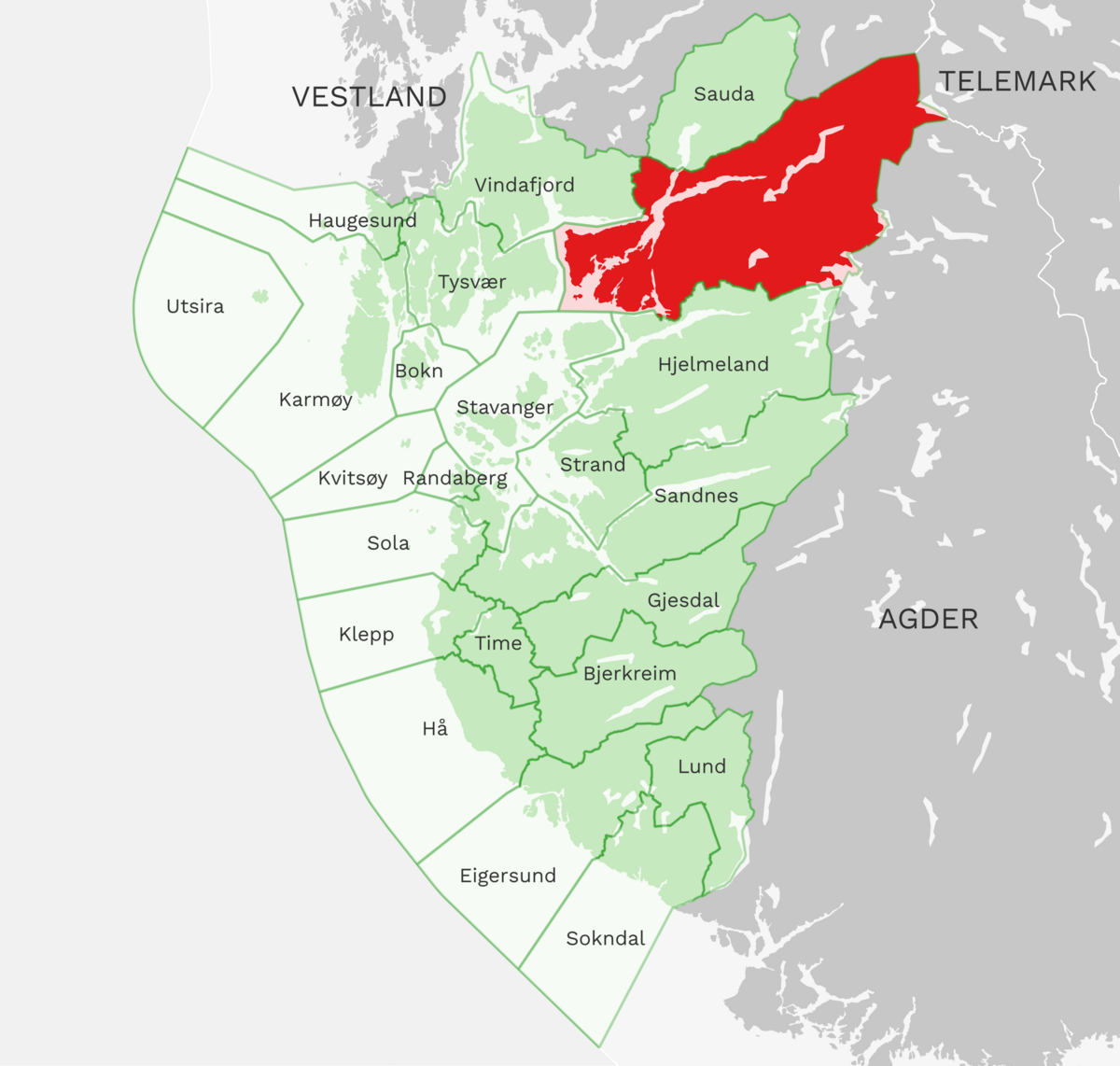 Kart: Suldal kommune i Rogaland