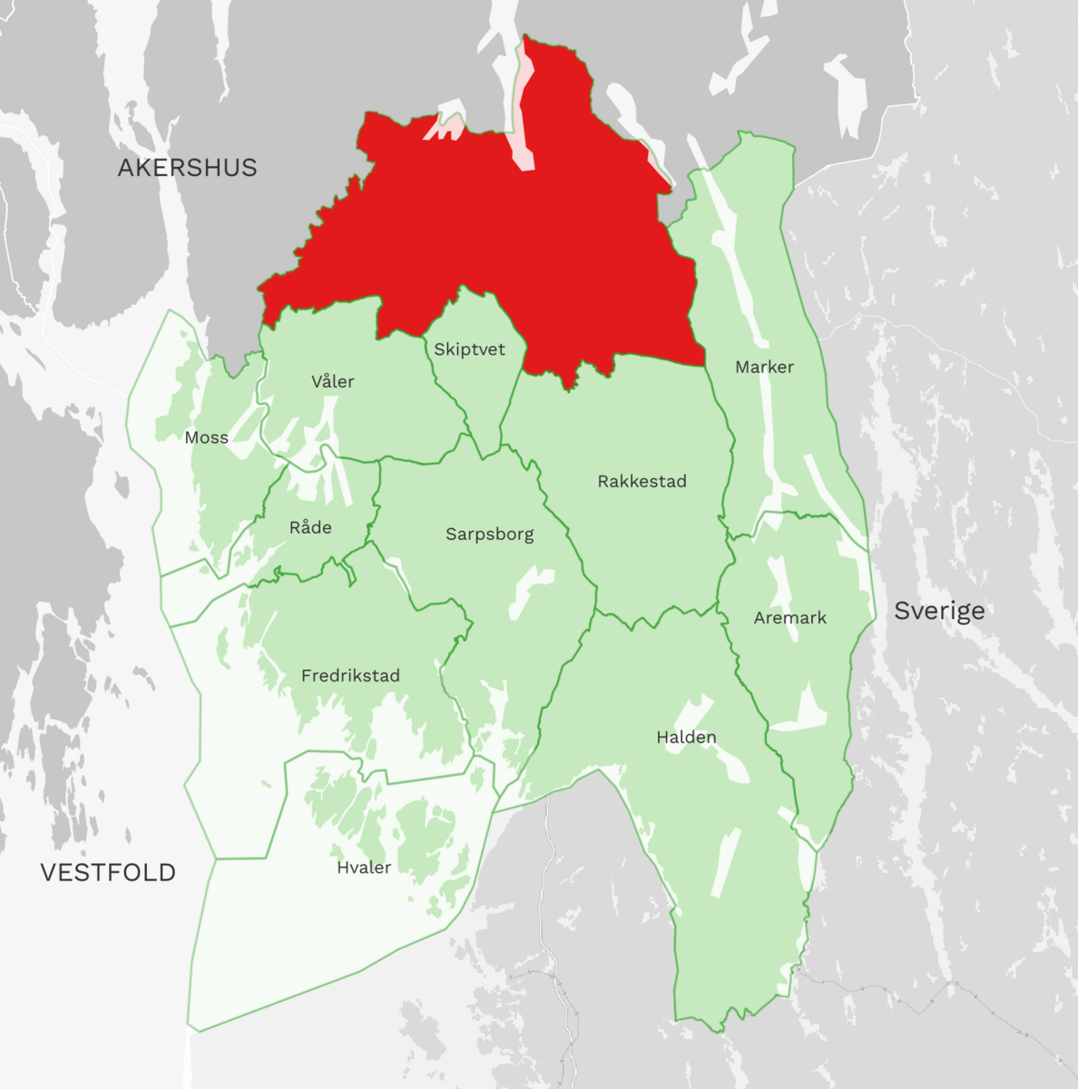 Kart: Indre Østfold kommune i Østfold