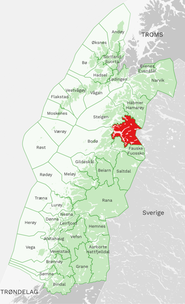 Kart: Sørfold kommune i Nordland