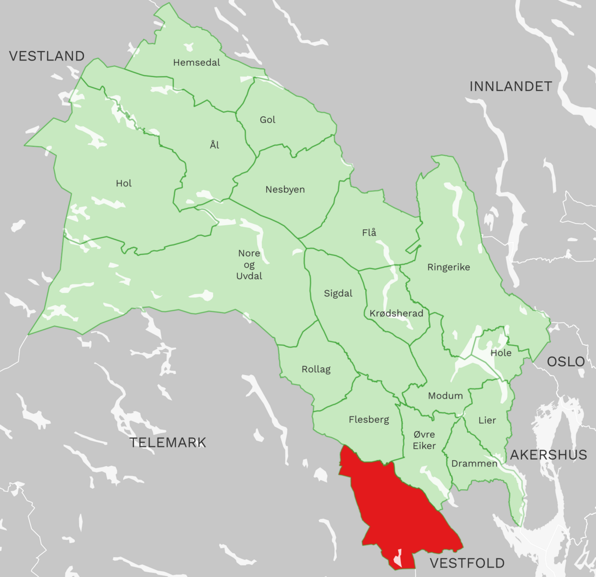 Kart: Kongsberg kommune i Buskerud