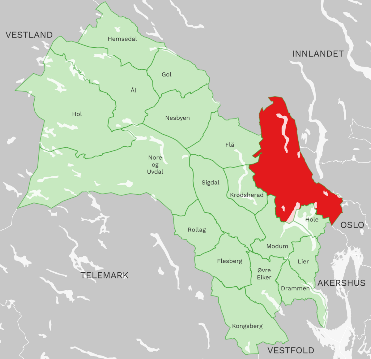 Kart: Ringerike kommune i Buskerud